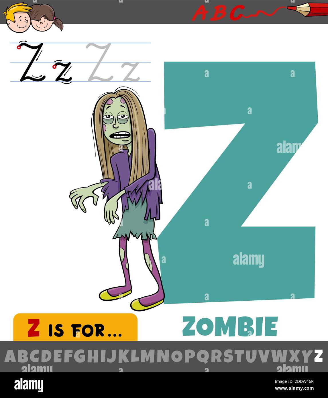 Pädagogische Karikatur Illustration des Buchstaben Z aus Alphabet mit Zombie Comic-Charakter für Kinder Stock Vektor