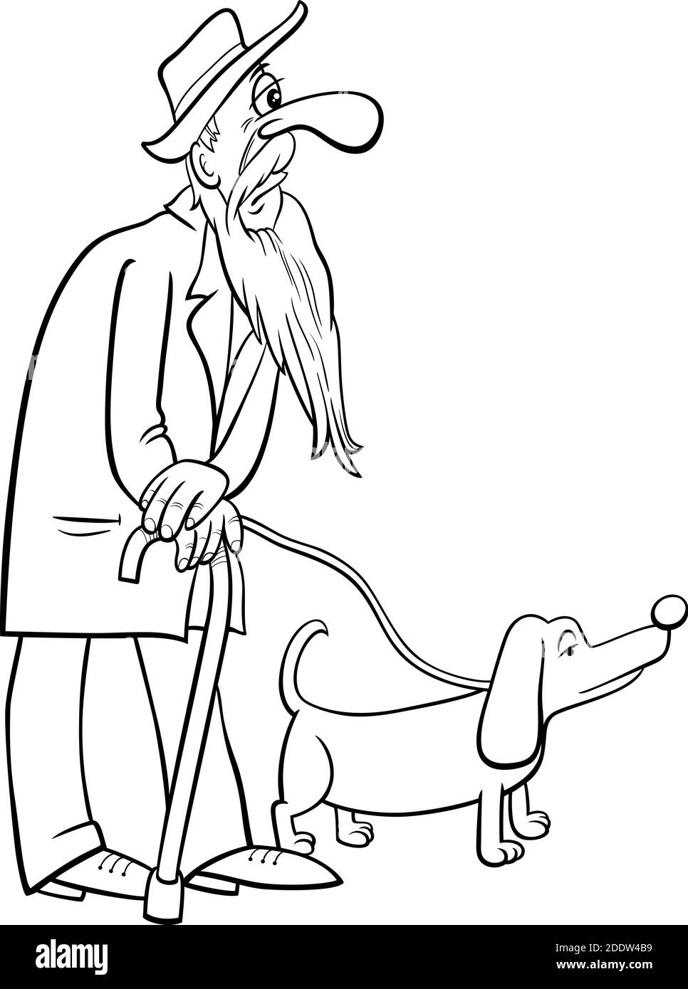 Schwarz und weiß Cartoon Illustration von reifen Alter Mann Senior Oder Großvater zu Fuß mit Hund Malbuch Seite Stock Vektor