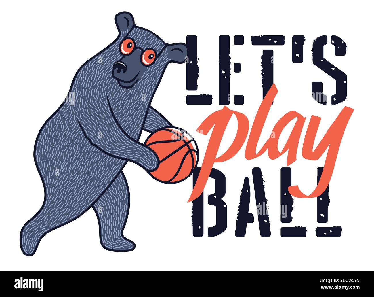 Funny Bear mit Sonnenbrille und Basketball Ball für T-Shirt-Design. Vektorgrafik zum Thema Sport Stock Vektor