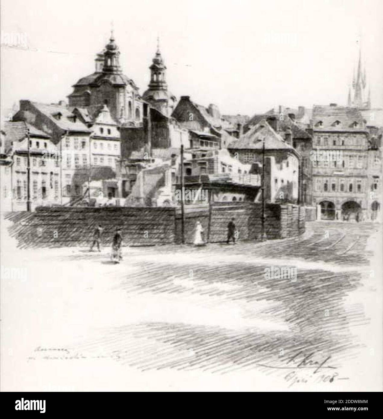 Kral J. Jaroslav - Asanace na Marianskem namesti (6. 1908). Stockfoto