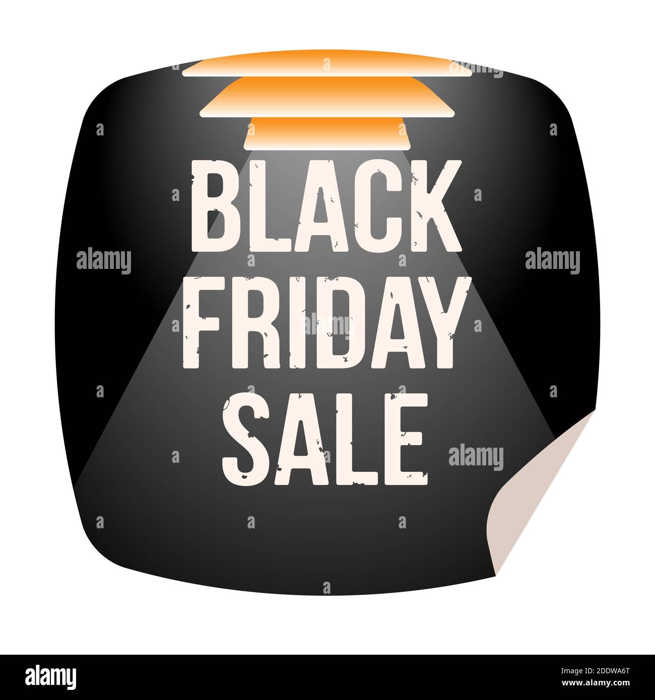 Black Friday Sale Aufkleber Label isoliert auf Weiß mit Text, Lampe ein Projektor Strahlen Beleuchtung, Retro flat style Design, Modder Stilisierung Stockfoto
