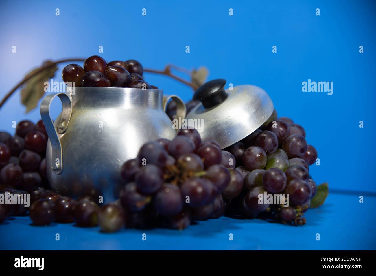 Frische Traubenfrüchte und Beeren. Blauer Hintergrund . Zutat für Säfte und Wein. Traubenbeeren in Aluminium. Stockfoto