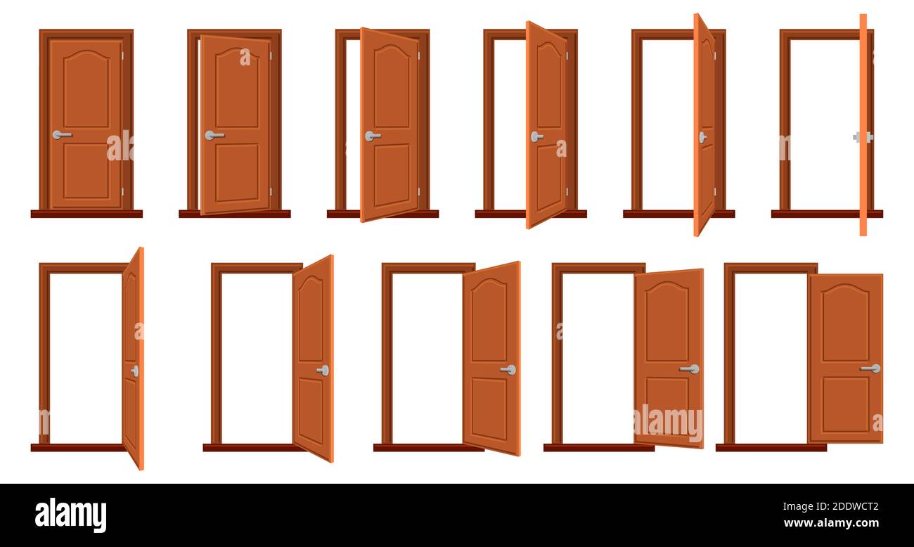 Türanimation. Offene und geschlossene Holztüren, Sprite Animation Hauseingang. Holztür in unterschiedlicher Position isoliert Vektor Illustration Set Stock Vektor