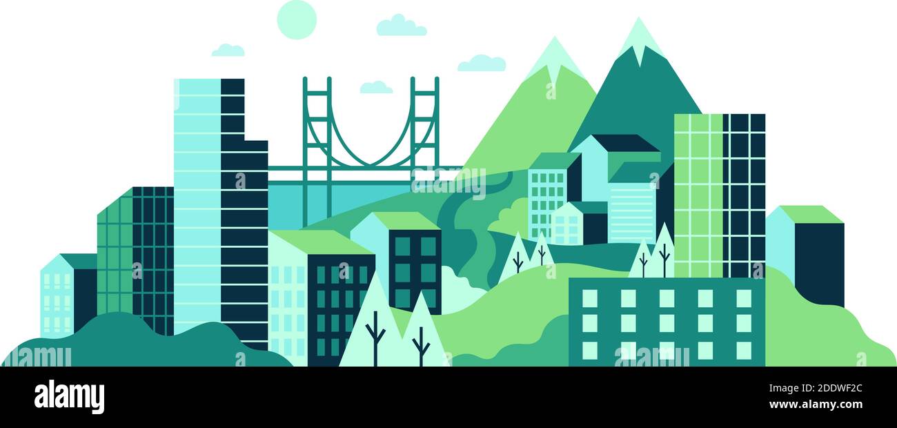 Stadtlandschaft mit hohen Glasbauten, grünen Hügeln und Bergen. Moderne Stadt mit wilder Natur, Bäumen Stock Vektor