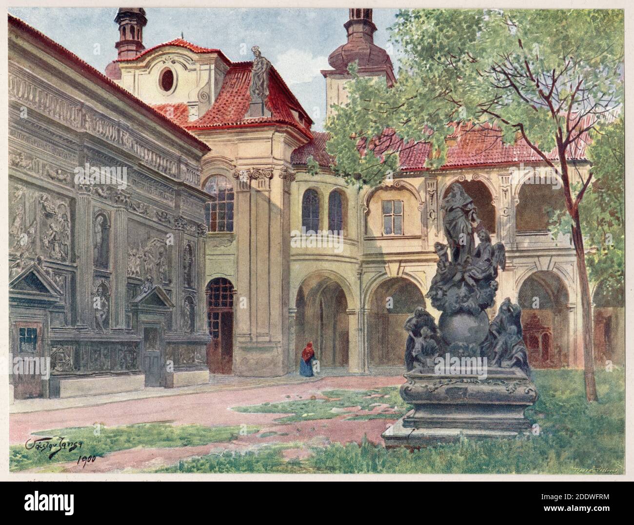 Innenhof der Loreta (Pražská Loreta) in Hradčany in Prag, dargestellt in der Aquarellmalerei des tschechischen Malers Václav Jansa (1900) aus seinem Zyklus Altes Prag (Stará Praha), der vom Prager Magistrat bestellt und Anfang des 20. Jahrhunderts vom tschechischen Verleger Bedřich Kočí veröffentlicht wurde. Stockfoto