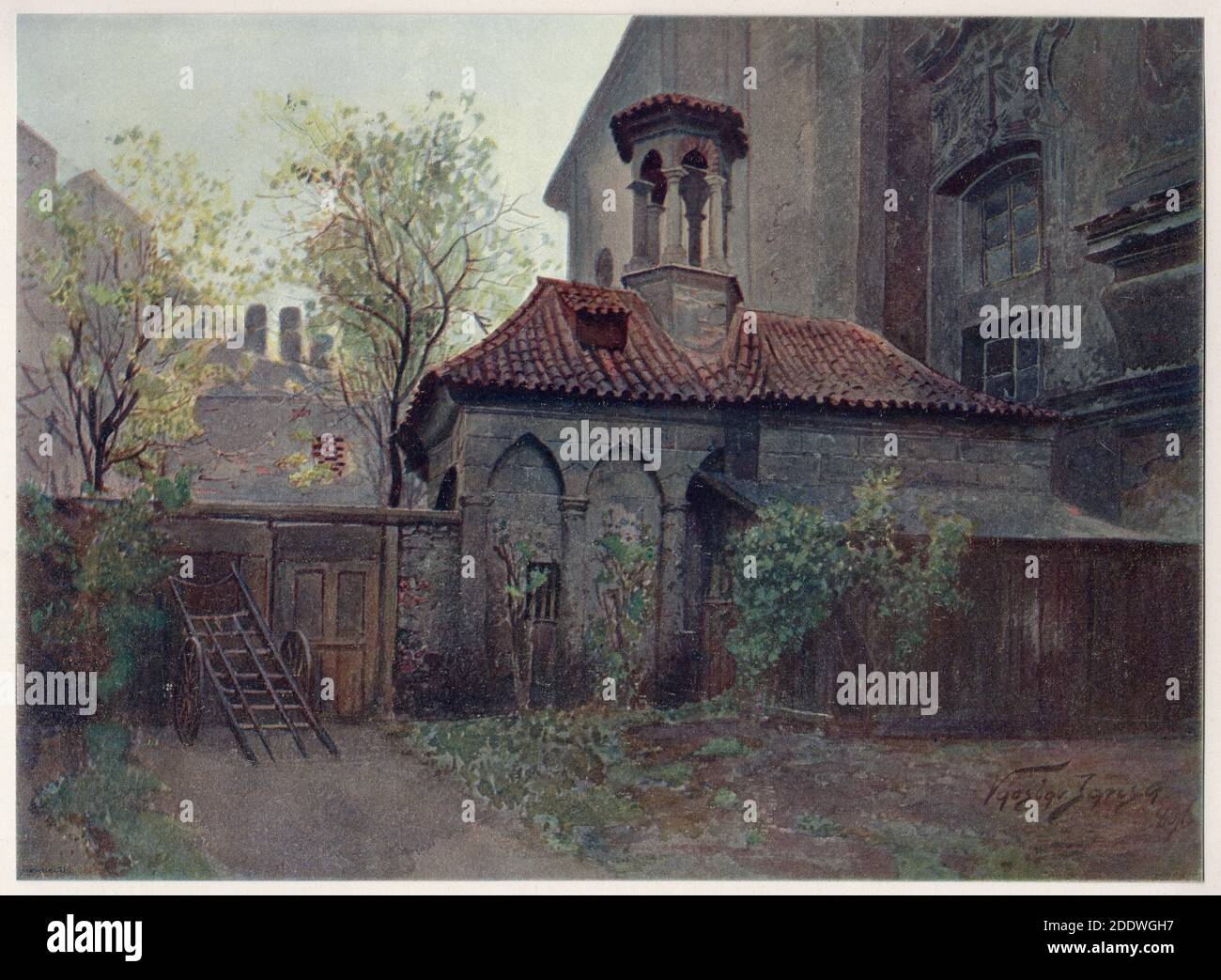 Kapelle des Heiligen Grabes in Zderaz (Kaple Božího hrobu na Zderaze) in Nové Město (Neustadt) in Prag dargestellt auf dem Aquarell des tschechischen Malers Václav Jansa (1896) aus seinem Zyklus Alt Prag (Stará Praha) Im Auftrag des Prager Magistrats und Anfang des 20. Jahrhunderts vom tschechischen Verlag Bedřich Kočí veröffentlicht. Stockfoto