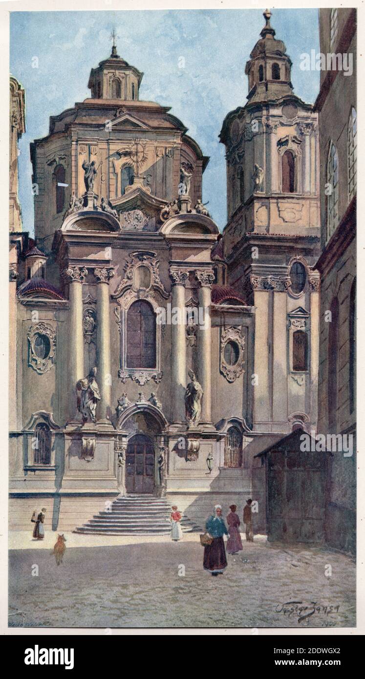 Nikolaikirche (Kostel svatého Mikuláše) auf dem Altstädter Ring (Staroměstské náměstí) in Prag dargestellt auf dem Aquarell des tschechischen Malers Václav Jansa (1900) aus seinem Zyklus Alt Prag (Stará Praha) Im Auftrag des Prager Magistrats und Anfang des 20. Jahrhunderts vom tschechischen Verlag Bedřich Kočí veröffentlicht. Stockfoto