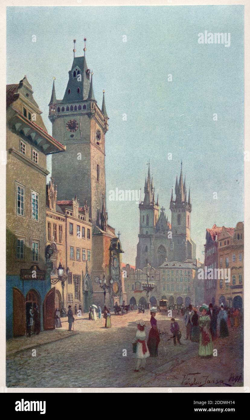 Altes Rathaus (Staroměstská radnice) und die Týn-Kirche (Týnský chrám) auf dem Altstädter Ring (Staroměstské náměstí) in Prag dargestellt auf dem Aquarell des tschechischen Malers Václav Jansa (1891) aus seinem Zyklus Alt-Prag (Stará Praha) Im Auftrag des Prager Magistrats und Anfang des 20. Jahrhunderts vom tschechischen Verlag Bedřich Kočí veröffentlicht. Stockfoto