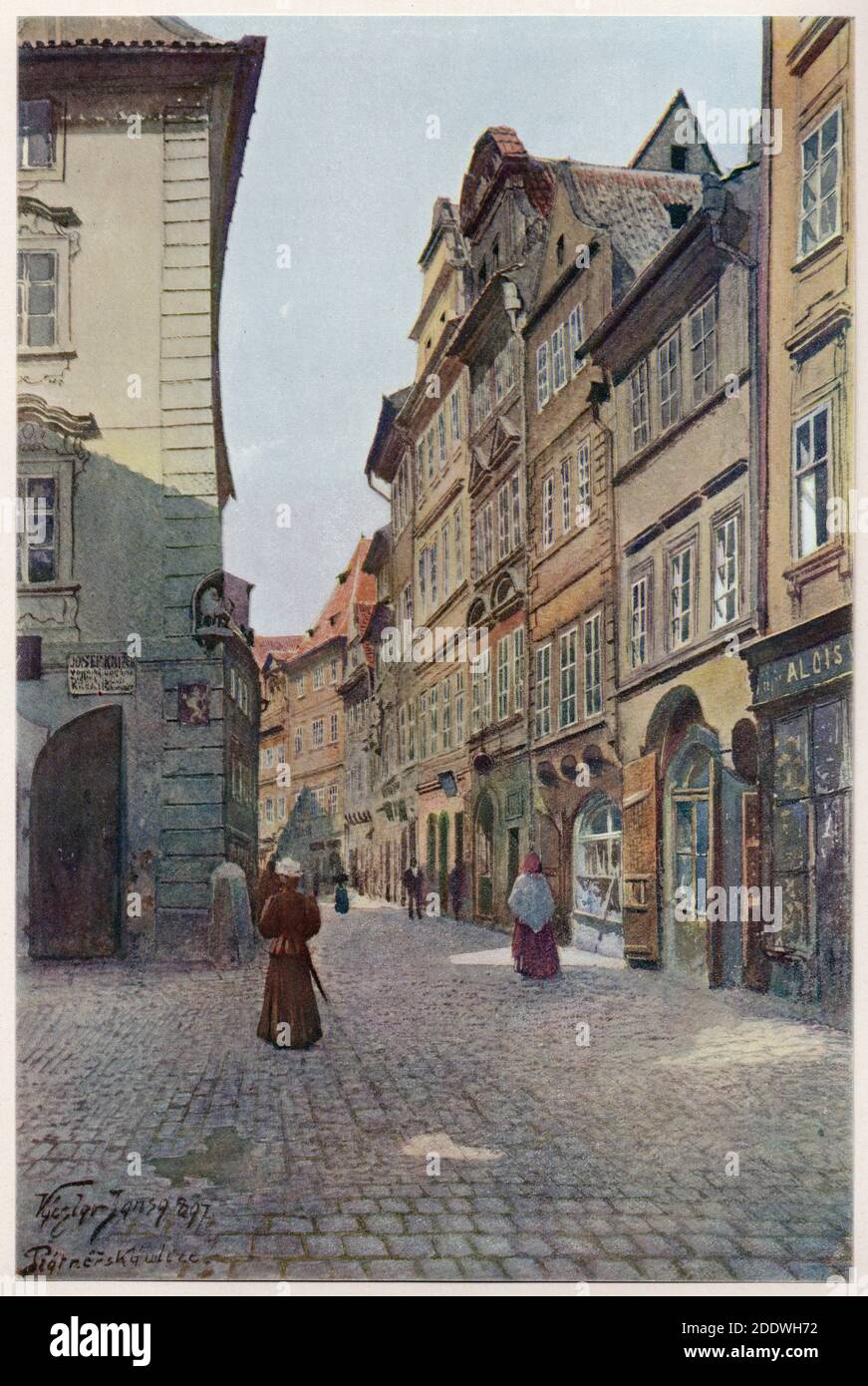 Östlicher Teil der Platnéřská Straße in Staré Město (Altstadt) in Prag dargestellt in der Aquarellmalerei des tschechischen Malers Václav Jansa (1897) aus seinem Zyklus Old Prague (Stará Praha) von der Prager Magistrat bestellt und veröffentlicht in den Anfang des 20. Jahrhunderts von tschechischen Verleger Bedřich Kočí. Fast alle Häuser in dieser Straße wurden kurz nach dem Anstreichen des Aquarells abgerissen. Stockfoto