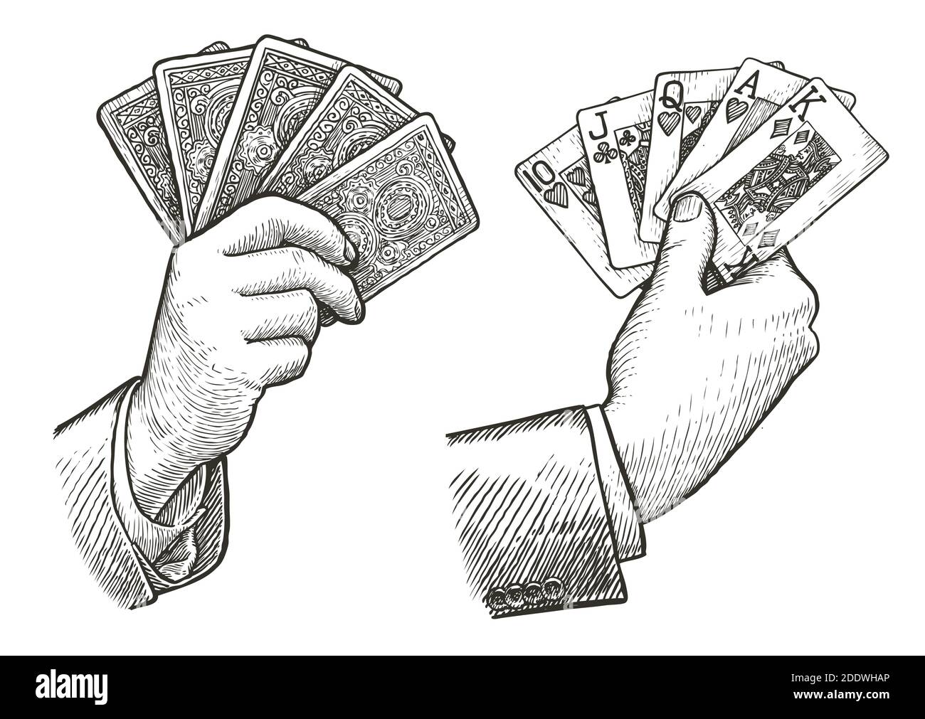 Poker Karten Straight Flush in der Hand. Spielkarten Skizze vintage Vektor Illustration Stock Vektor