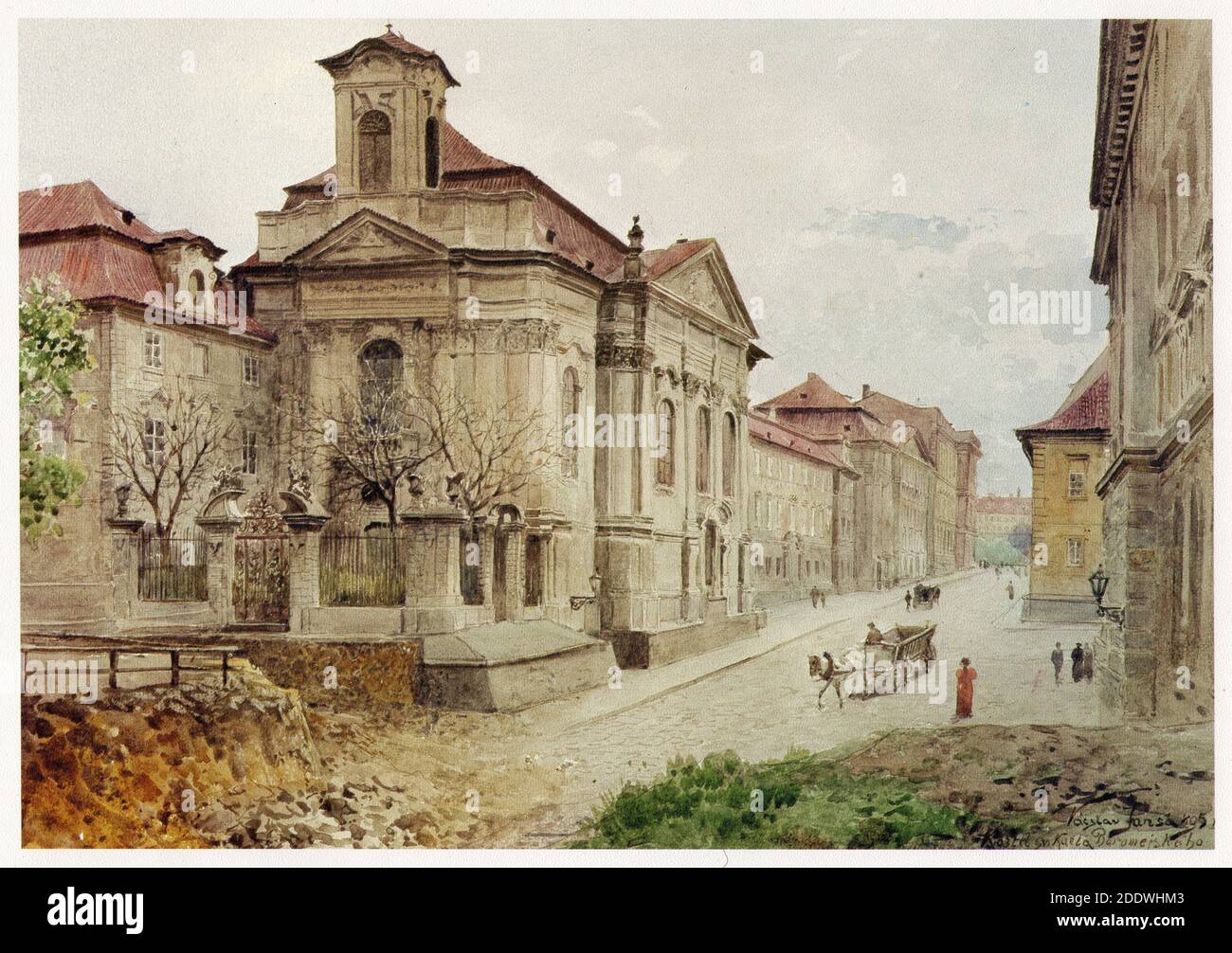 Kirche des Heiligen Karl Borromeo (Kostel svatého Karla Boromejského) in der Resslova Straße in Nové Město (Neustadt) in Prag dargestellt auf dem Aquarell des tschechischen Malers Václav Jansa (1895) aus seinem Zyklus Alt Prag (Stará Praha) Im Auftrag des Prager Magistrats und Anfang des 20. Jahrhunderts vom tschechischen Verlag Bedřich Kočí veröffentlicht. Die Kirche dient heute als die orthodoxe Kathedrale der Heiligen Kyrill und Methodius. Stockfoto