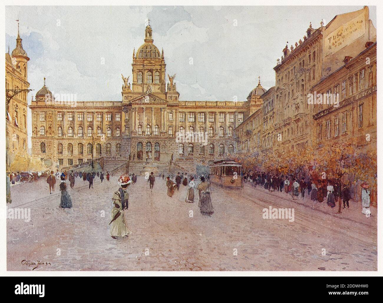 Nationalmuseum (Národní Muzeum) auf dem Wenzelsplatz (Václavské náměstí) in Nové Město (Neustadt) in Prag dargestellt auf dem Aquarell des tschechischen Malers Václav Jansa (1900) aus seinem Zyklus Alt Prag (Stará Praha) Im Auftrag des Prager Magistrats und Anfang des 20. Jahrhunderts vom tschechischen Verlag Bedřich Kočí veröffentlicht. Stockfoto