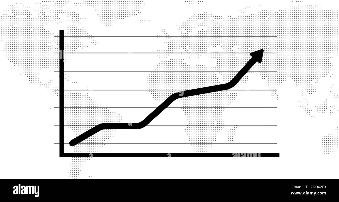 Business-Grafik zeigt Geschäftserfolg mit Pfeil. Pfeil Wachstum mit Rasterlinie und Weltkarte Hintergrund. Stockfoto