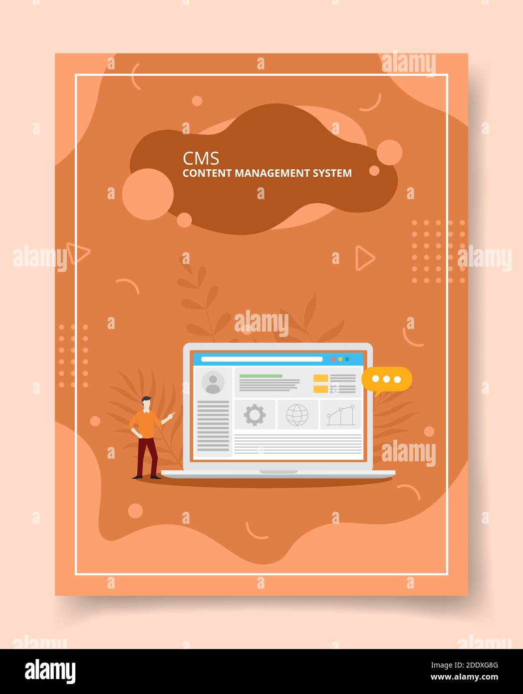 Content-Management-System Menschen stehen in der Nähe Laptop für Vorlage von Bannern, Flyer, Bücher Cover, Zeitschriften mit flüssigen Form Stil Stock Vektor