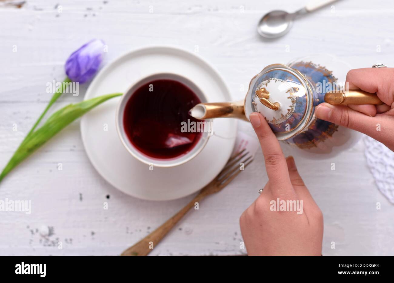 Frau gießt heißen roten Tee in einer Tasse auf ein Weißer Holztisch/ frische blaue Tulpe und Tasse rot Kräutertee auf weißem Holztisch Stockfoto