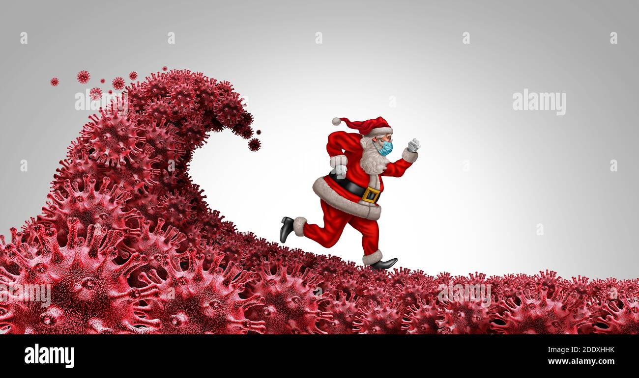 Santa Claus trägt eine Gesichtsmaske weg von dem Virus als Weihnachtszeit Symbol für Gesundheit und Gesundheit Prävention von Krankheiten als medizinisch. Stockfoto