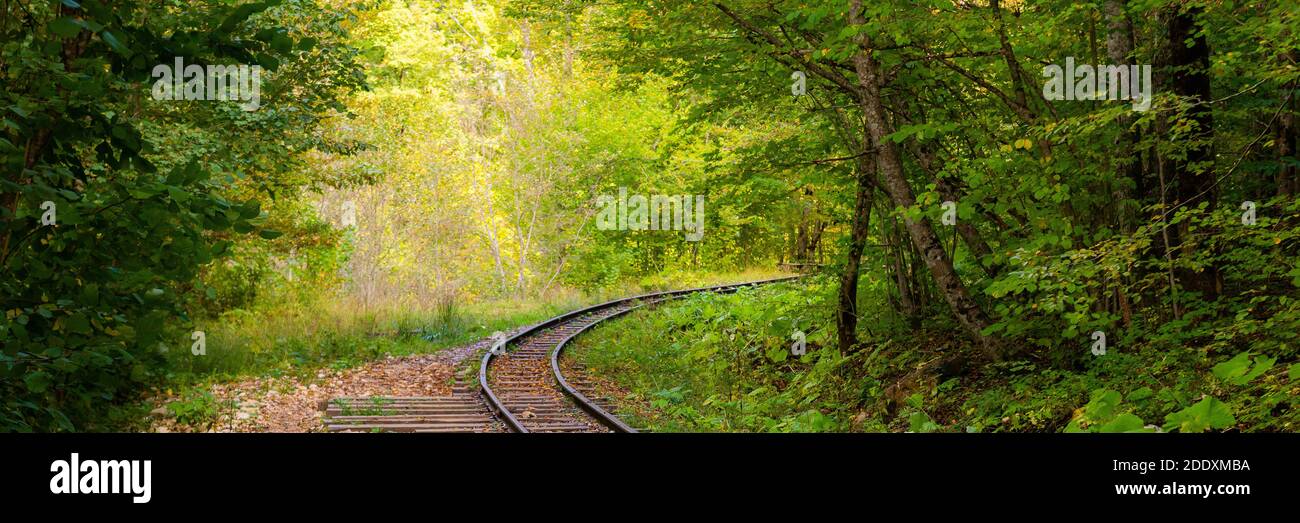 Verlassene Eisenbahn im Herbst Bergwald mit Blattbäumen im Kaukasus, Mezmay. Stockfoto