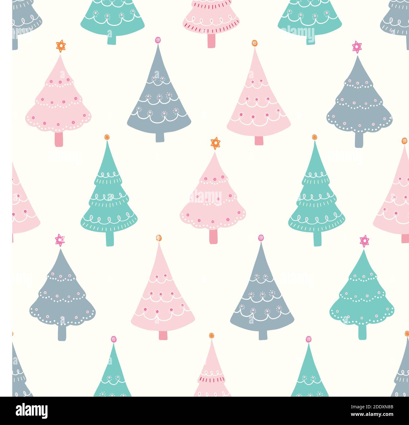 Weihnachtsbaum Muster-Design mit Sternen, niedlichen Vektor nahtlose Wiederholung von Hand gezeichnet festlich geschmückt Bäume. Stock Vektor