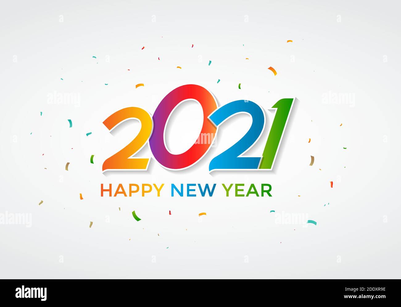 Bunte Happy New Year 2021 Schriftzug auf weißem Hintergrund mit Konfetti. Dekorative Begrüßung mit handgeschriebenem Text für Tapete, Banner und Karte Stock Vektor