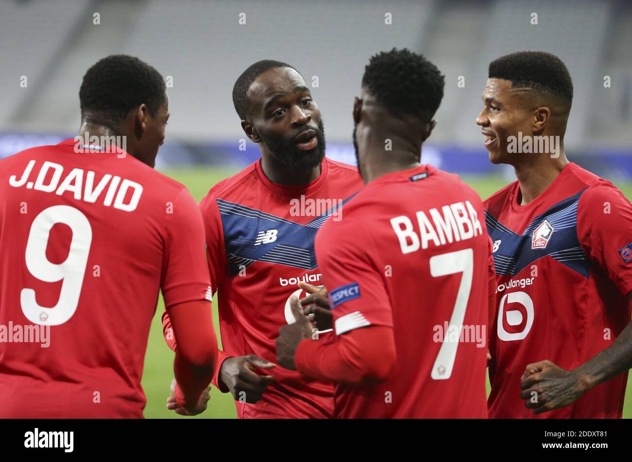 Jonathan Bamba von Lille #7 feiert sein Tor mit Jonathan David, Jonathan Ikone, Reinildo Mandava während der UEFA Europa LEAG / LM Stockfoto