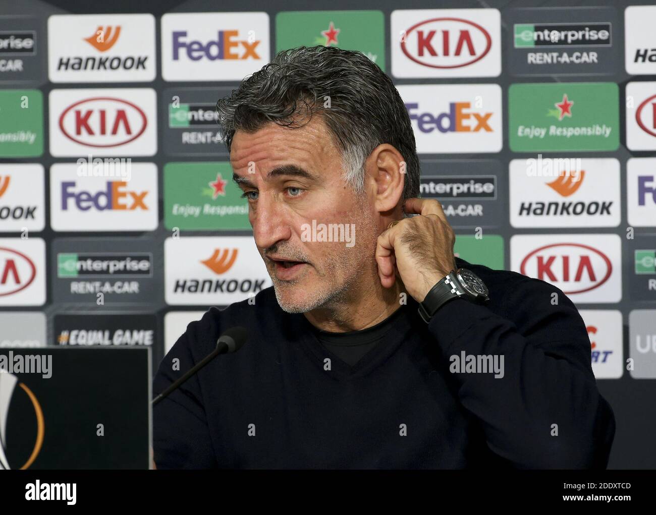 Trainer von Lille OSC Christophe Galtier während der Pressekonferenz nach der UEFA Europa League, Gruppe H Fußballspiel betwe / LM Stockfoto