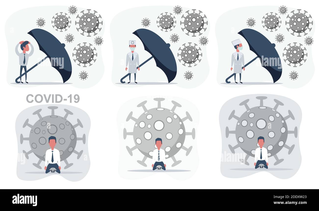 Biologische Gefahr. Epidemie des Coronavirus. Mann in Schutzanzug und Maske. Porträt eines kranken Mannes mit Coronavirus.Impfstoff aus, Grippe Stock Vektor