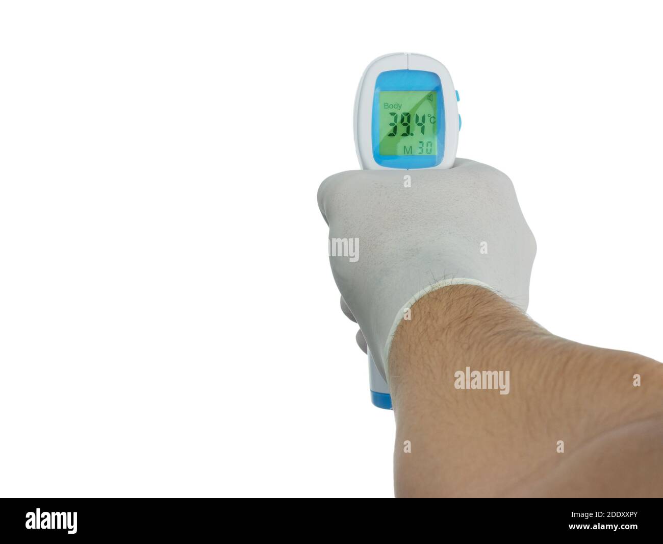 Nahaufnahme Hand halten Thermometer Pistole Handschuhe Arzt Medical Digital Non-Contact Infrarot Anblick Handheld Stirn Messwerte. Temperaturmessgeräte Stockfoto
