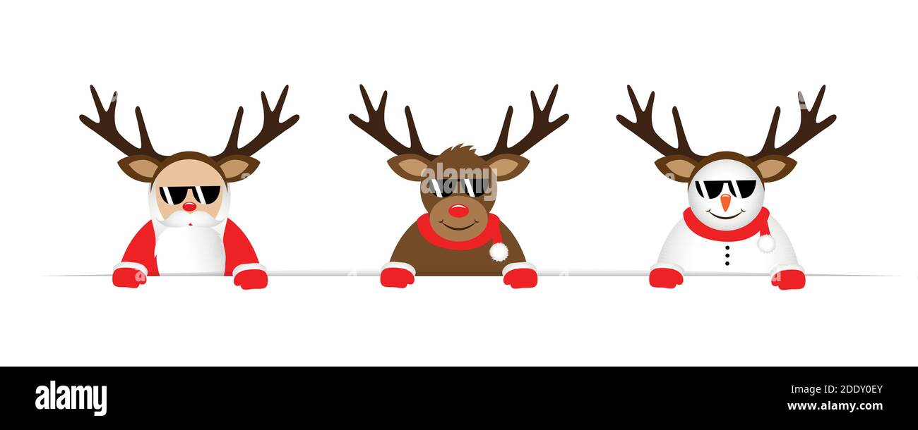 Lustige Weihnachten cartoon mit niedlichen Rentiere Weihnachtsmann und Schneemann mit Sonnenbrille und Geweih Vektor-illustration EPS 10. Stock Vektor