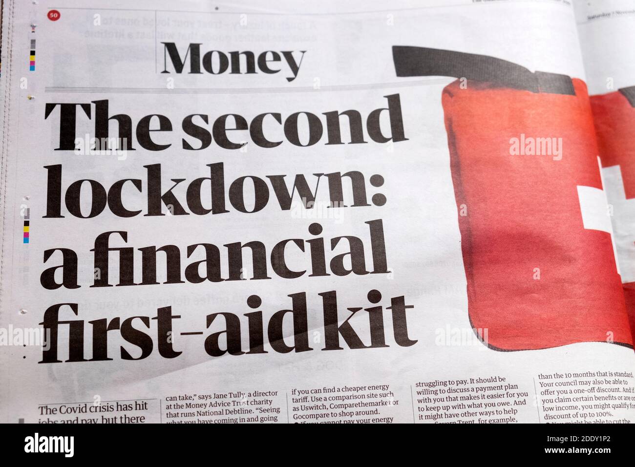 "Geld für die zweite Sperre: Ein finanzieller Verbandskasten" Schlagzeile der Zeitung Guardian im Finanzteil der Zeitung 7. November 2020 London UK Stockfoto