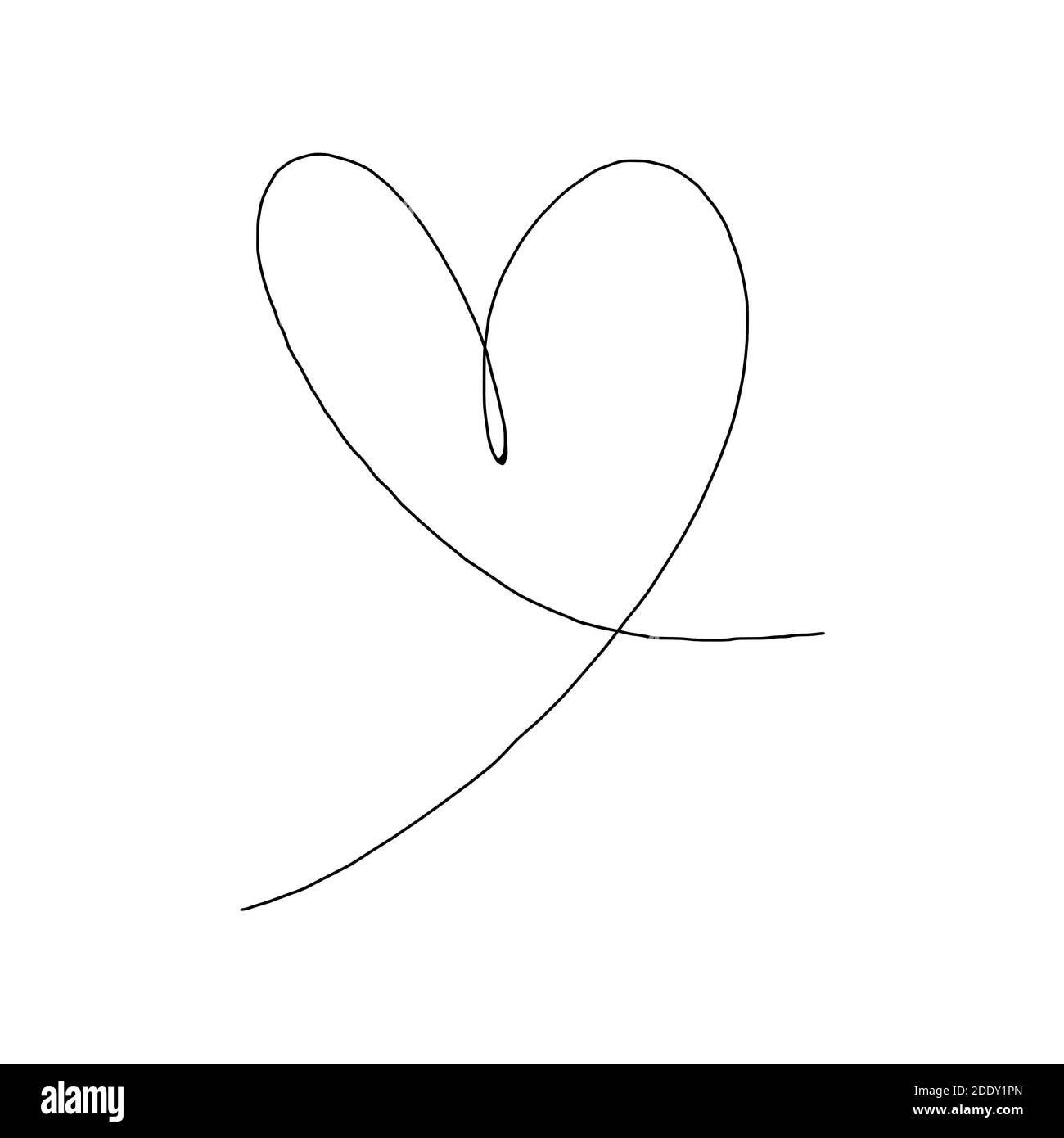 Handgezeichnetes Herz mit schwarzer Umrandung isoliert auf weißem Hintergrund. Kontinuierliche Linie in Form von Herz. Eine Linie zeichnen. Vorlage für T-Shirt, Poster, BA Stockfoto