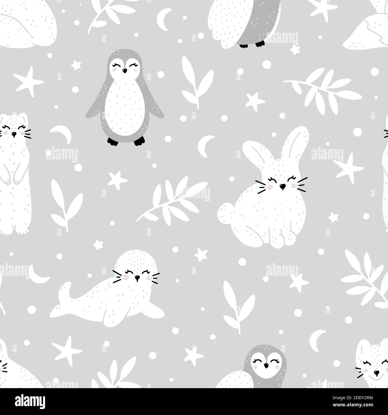 Nette Wildtiere Wintertiere: Ermine, arktischen Fuchs, Kaninchen, Robbe, Pinguin und Eule monochrome Hand gezeichnet nahtlose Muster in skandinavischen Stil Vektor il Stock Vektor