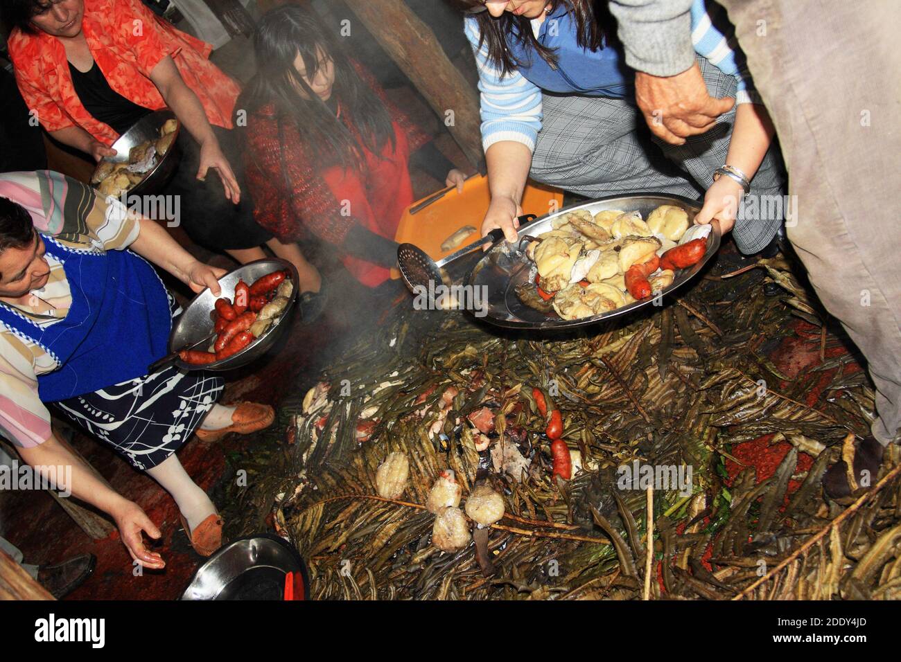 Zubereitung der Zutaten eines Curanto, einer traditionellen Mahlzeit, die in einer Grube auf der Insel Chiloe, Chile, zubereitet wird Stockfoto