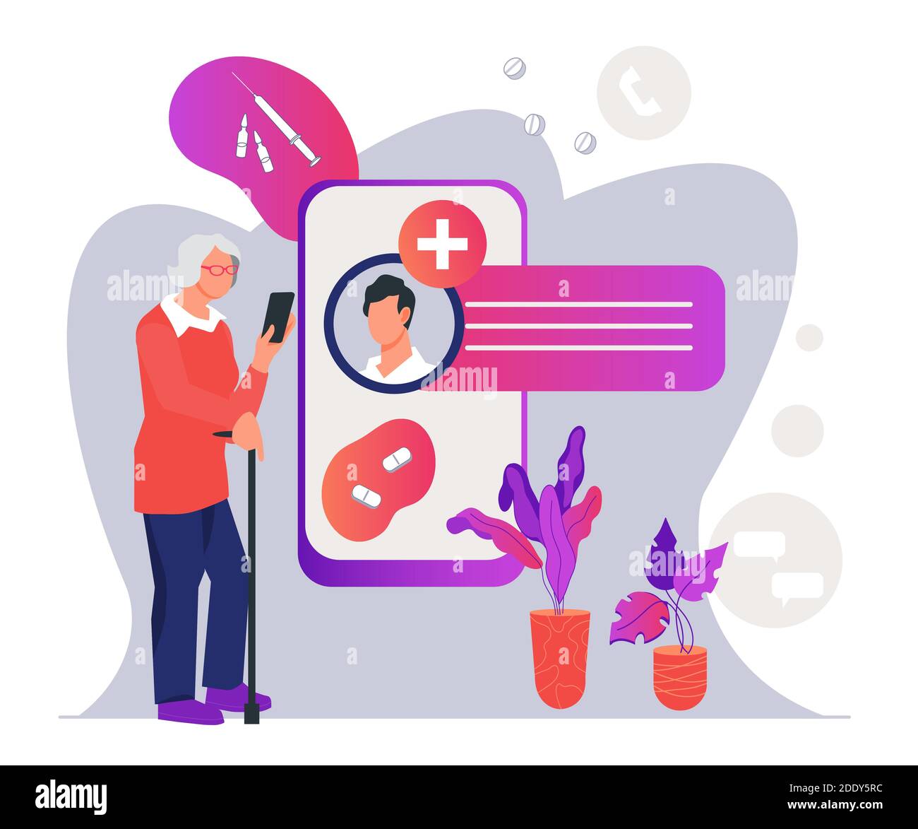 Online-Medizin und Gesundheitswesen für ältere Menschen flache Vektor-Illustration. Stock Vektor