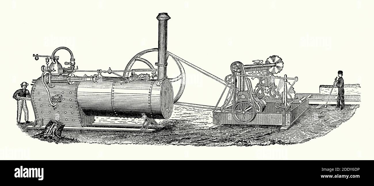 Eine alte Gravur einer Outdoor-tragbaren Dampfmaschine, hier eine Holzschneidsäge durch einen Bandantrieb bedienbar. Es ist aus einem viktorianischen Maschinenbaubuch der 1880er Jahre. Dieser bewegliche Motor wäre von Ort zu Ort transportiert worden und war im amerikanischen Westen im 19. Jahrhundert verbreitet. Ein Arbeiter befeuert den Kessel mit Holzstämmen (links). Holz wird in die Säge eingespeist (rechts). Radtraktionsmotoren gelten auch als tragbare Motoren. Stockfoto