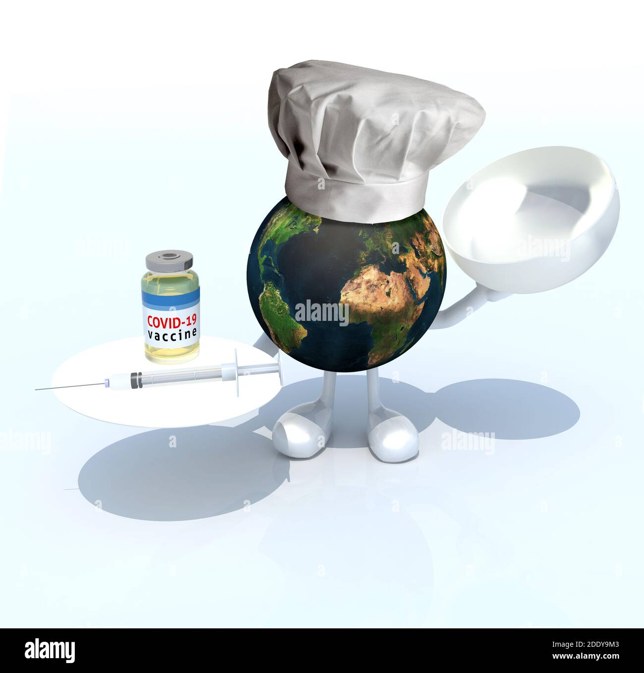 Die Welt-Karikatur mit einem Restaurantkochhut, covid Impfstoff und Spritze auf einem Gericht, 3d-Illustration Stockfoto