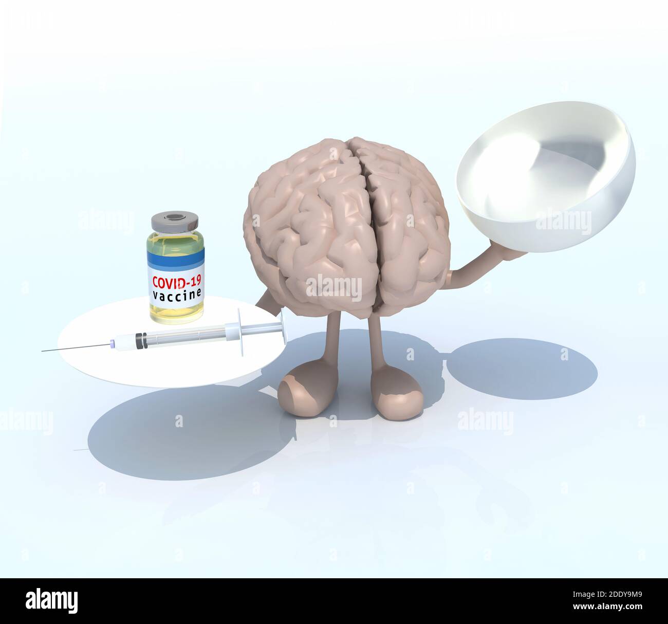 Das Gehirn Cartoon mit covid Impfstoff und Spritze auf einer Schüssel, 3d-Illustration Stockfoto