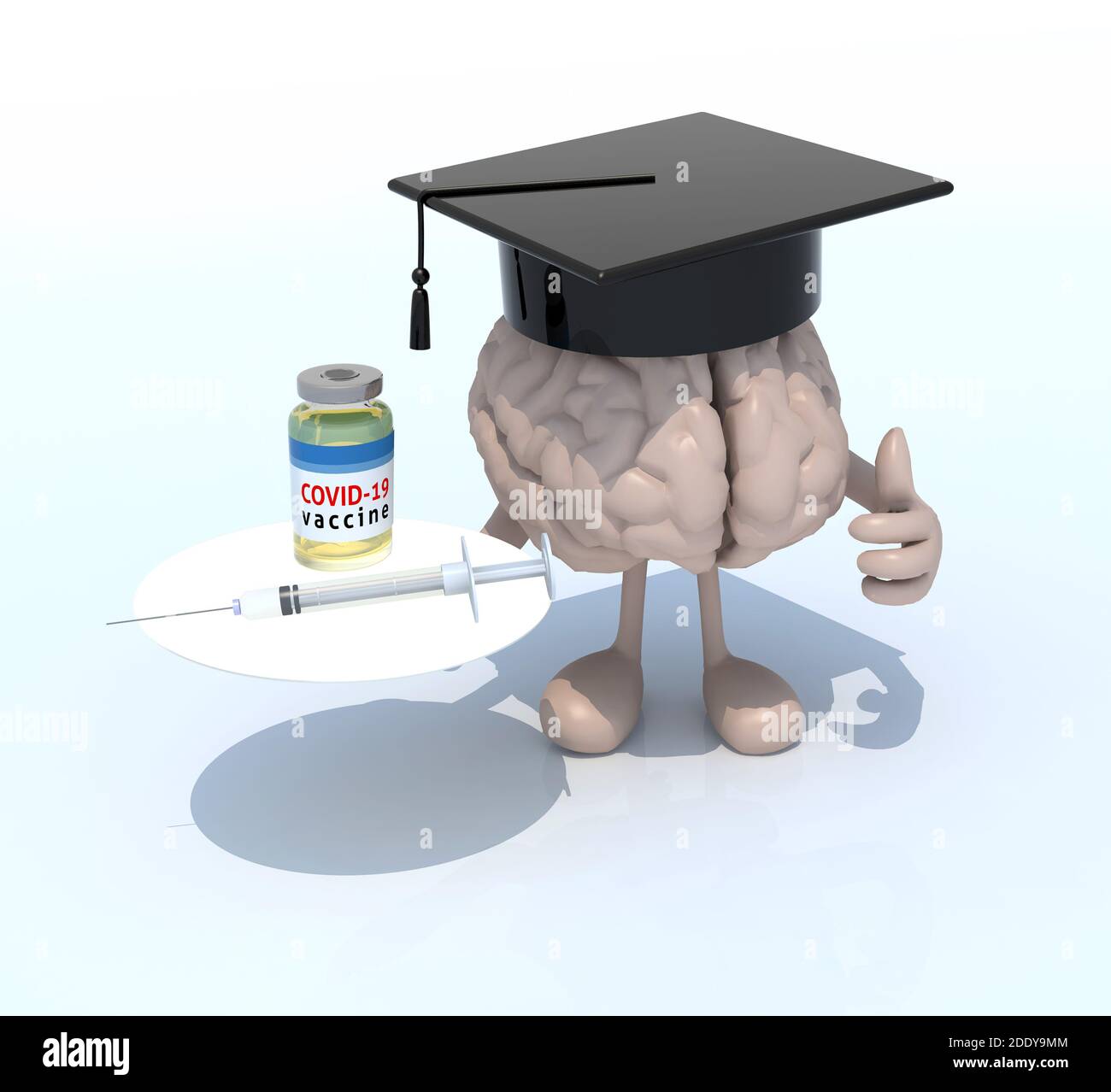 Das menschliche Gehirn Cartoon mit einem Absolvent Hut, covid Impfstoff und Spritze auf einer Schüssel, 3d-Illustration Stockfoto