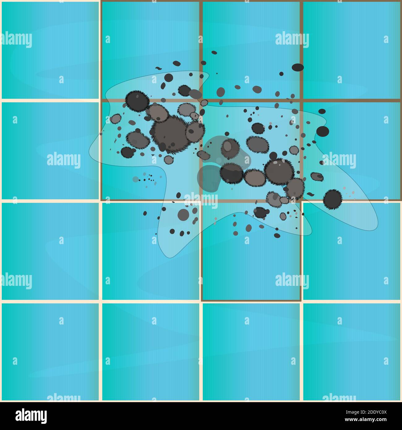 Dunkles Schimmel auf Keramikfliesen im Bad. Flecken an der Wand. Schimmel in der Dusche. Konzept der Kondensation, Feuchtigkeit, hohe Luftfeuchtigkeit Probleme. Stock-Vektor Stock Vektor