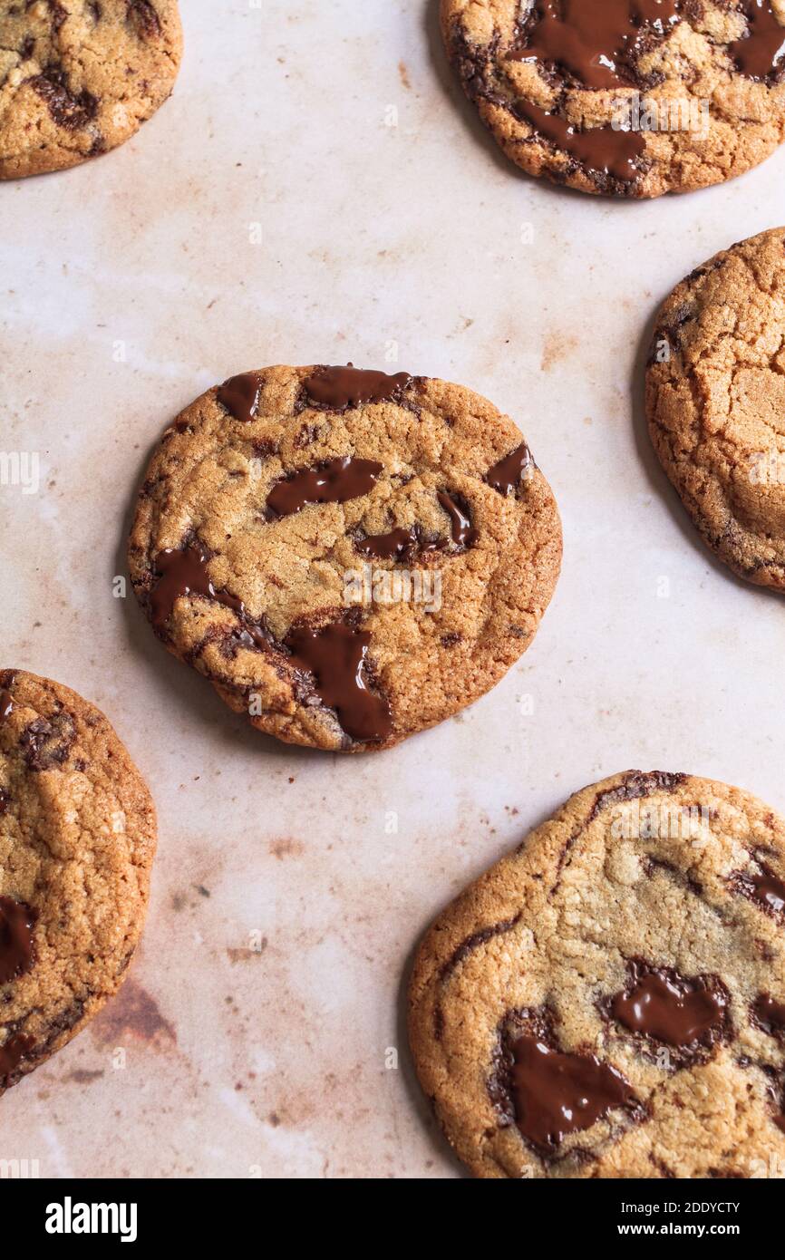 Chocolate Chunk Cookies frisch aus dem Ofen mit geschmolzener Schokolade darauf. Stockfoto