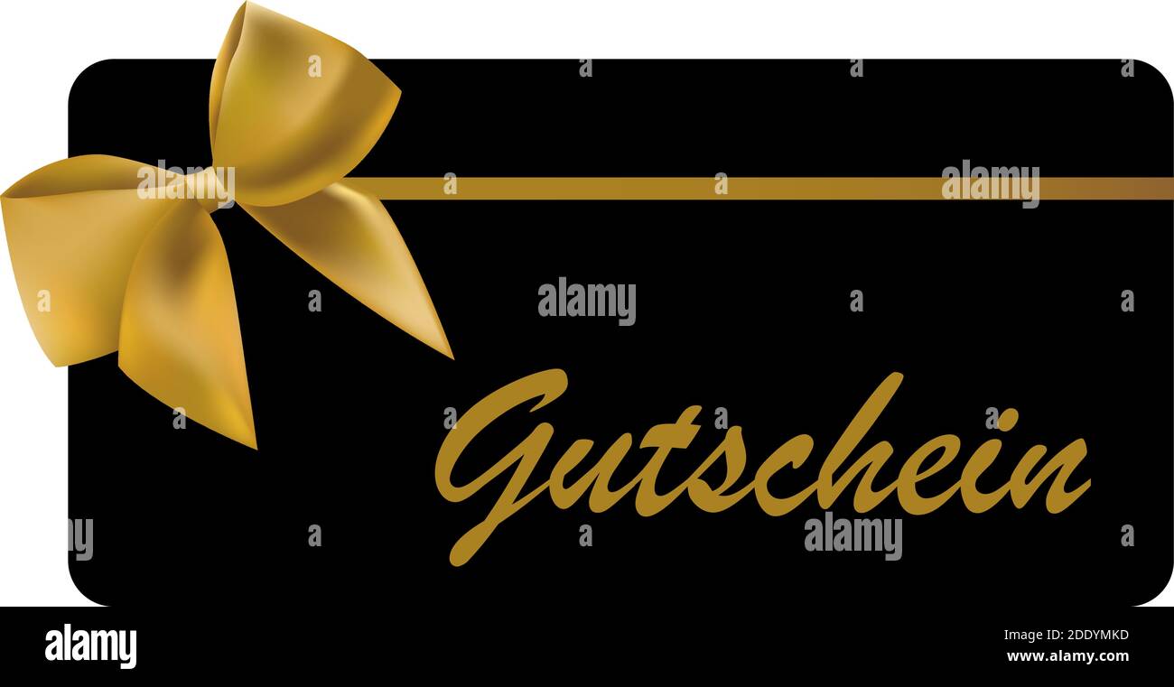 Geschenkkarte mit Wort Gutschein, deutsch für Gutschein, mit goldfarbener Bändchenvektorillustration Stock Vektor