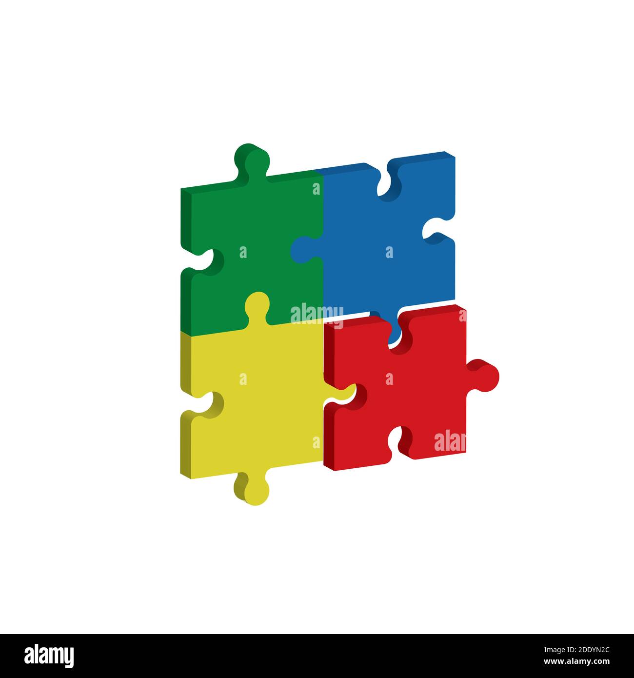 Vier Puzzleteile, rot, blau, grün und gelb, kommen in drei Dimensionen zusammen. Teamwork-Konzept. Vektorgrafik. Stock Vektor