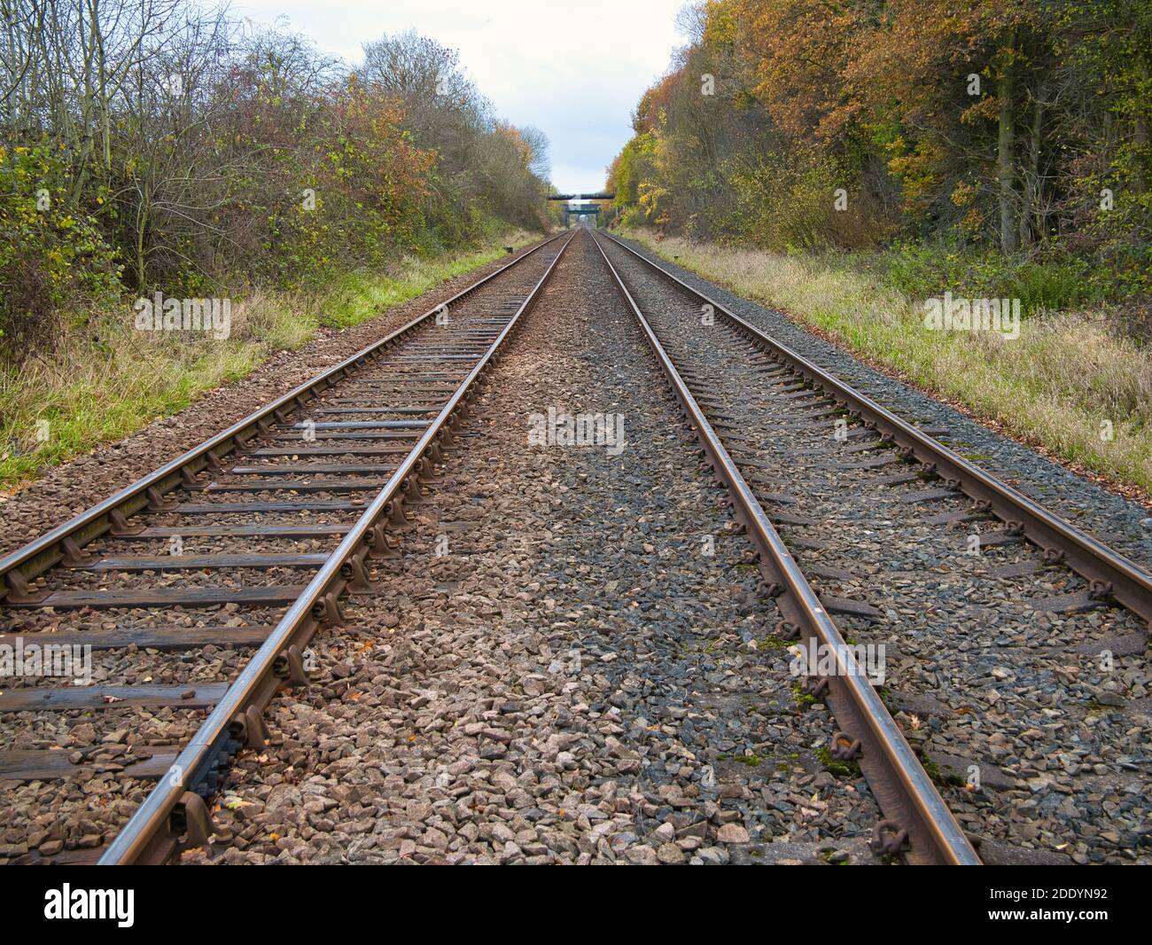 Die Gleise zweier Eisenbahnlinien laufen an einem Herbsttag in die Ferne. Aufgenommen auf Wirral im Nordwesten Großbritanniens. Stockfoto