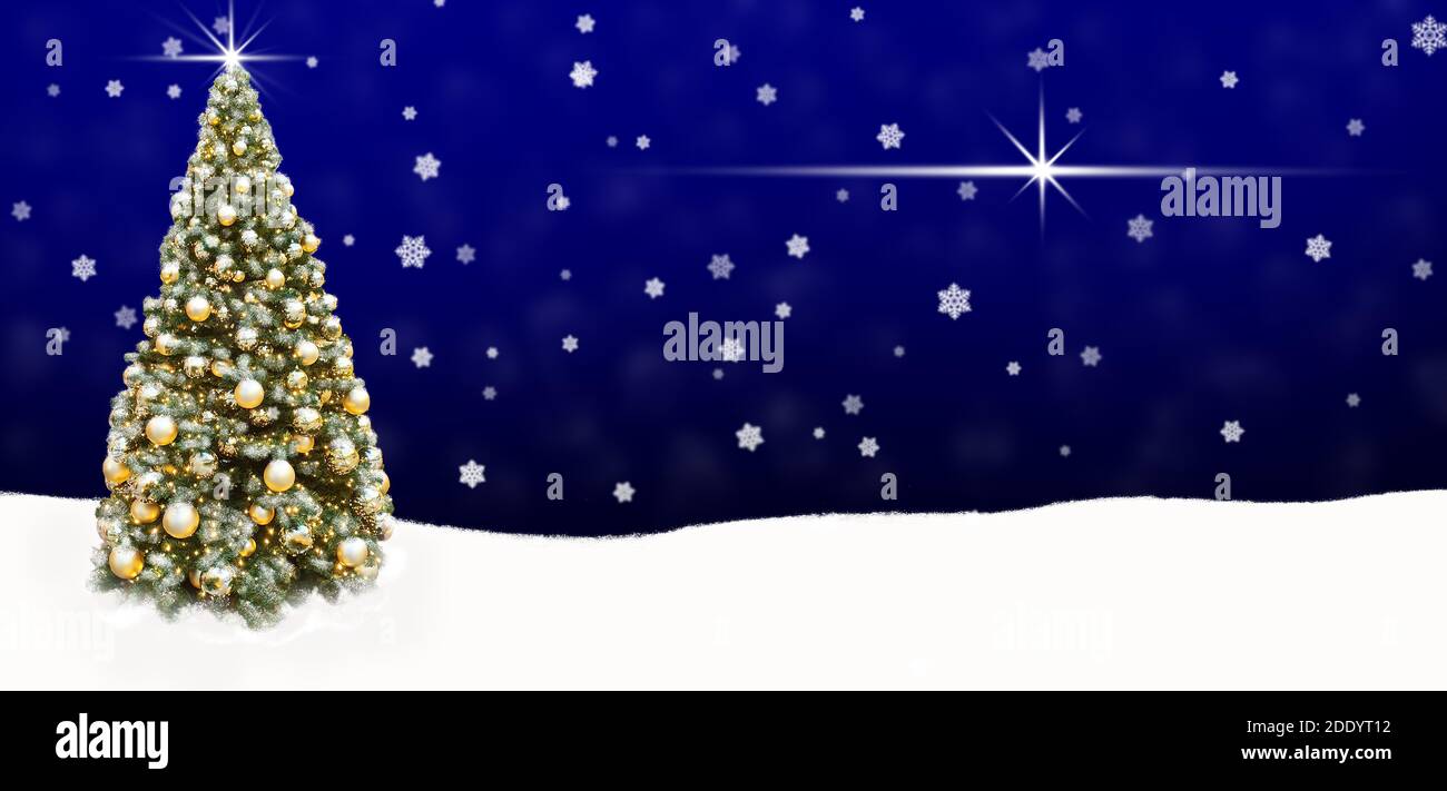 Golden Weihnachtsbaum Bälle Banner, abstrakten Hintergrund Schnee Stockfoto