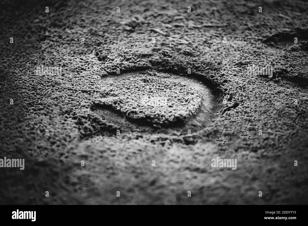 Schwarz-Weiß-Bild eines Hufeisenabdrucks im Sand. Die Pferderennen. Außenarena. Stockfoto