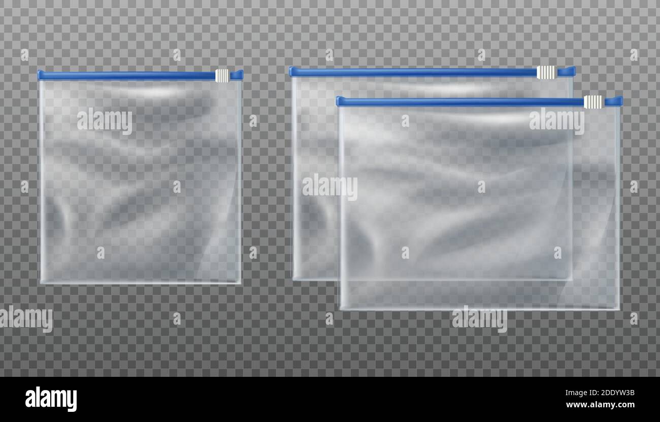 3d realistische Vektor blau Reißverschluss Slider transparente Taschen. Leere Mockup-Beutel in verschiedenen Größen auf transparentem Hintergrund. Stock Vektor