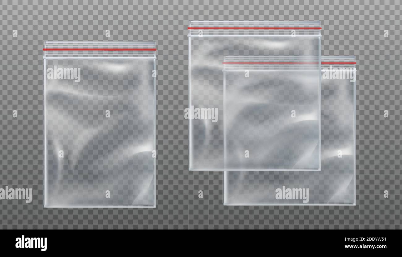 3d realistische Vektor Reißverschluss transparente Taschen. Leere Mockup-Beutel in verschiedenen Größen auf transparentem Hintergrund. Stock Vektor