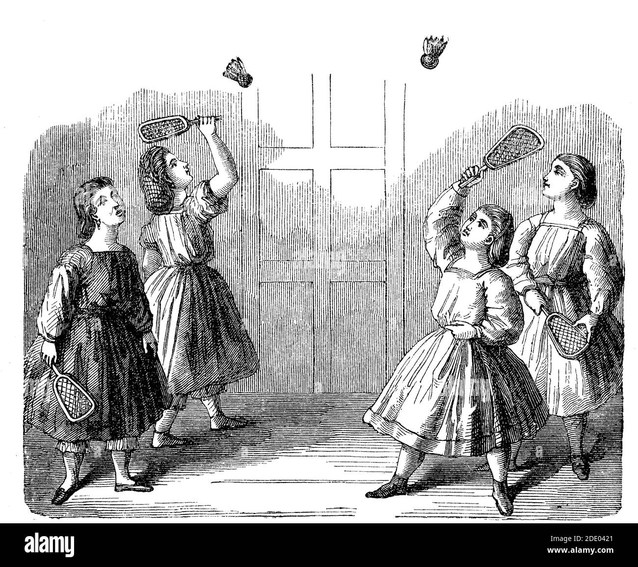 Badminton, Mädchenspiel, England, ca 1869 / Federball, Mädchen beim Spielen, England, ca 1869, Historisch, historisch, digital verbesserte Reproduktion eines Originals aus dem 19. Jahrhundert / digitale Reproduktion einer Originalvorlage aus dem 19ten Jahrhundert. Jahrhundert, Stockfoto