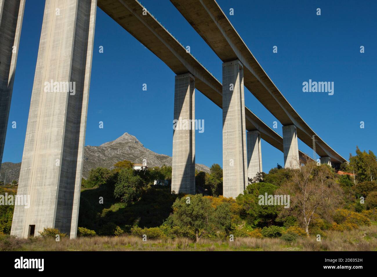 Eine massive Autobahnbrücke über das Rio Verde-Tal in Südandalusien, Spanien gegen einen klaren blauen Himmel Stockfoto