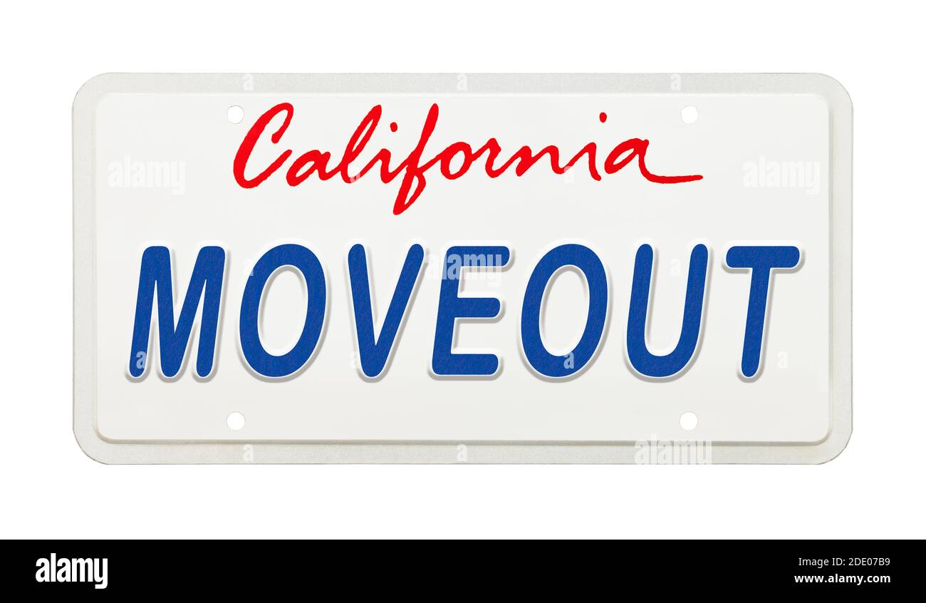 California Nummernschild mit der Aufschrift Move Out gedruckt darauf, Stockfoto