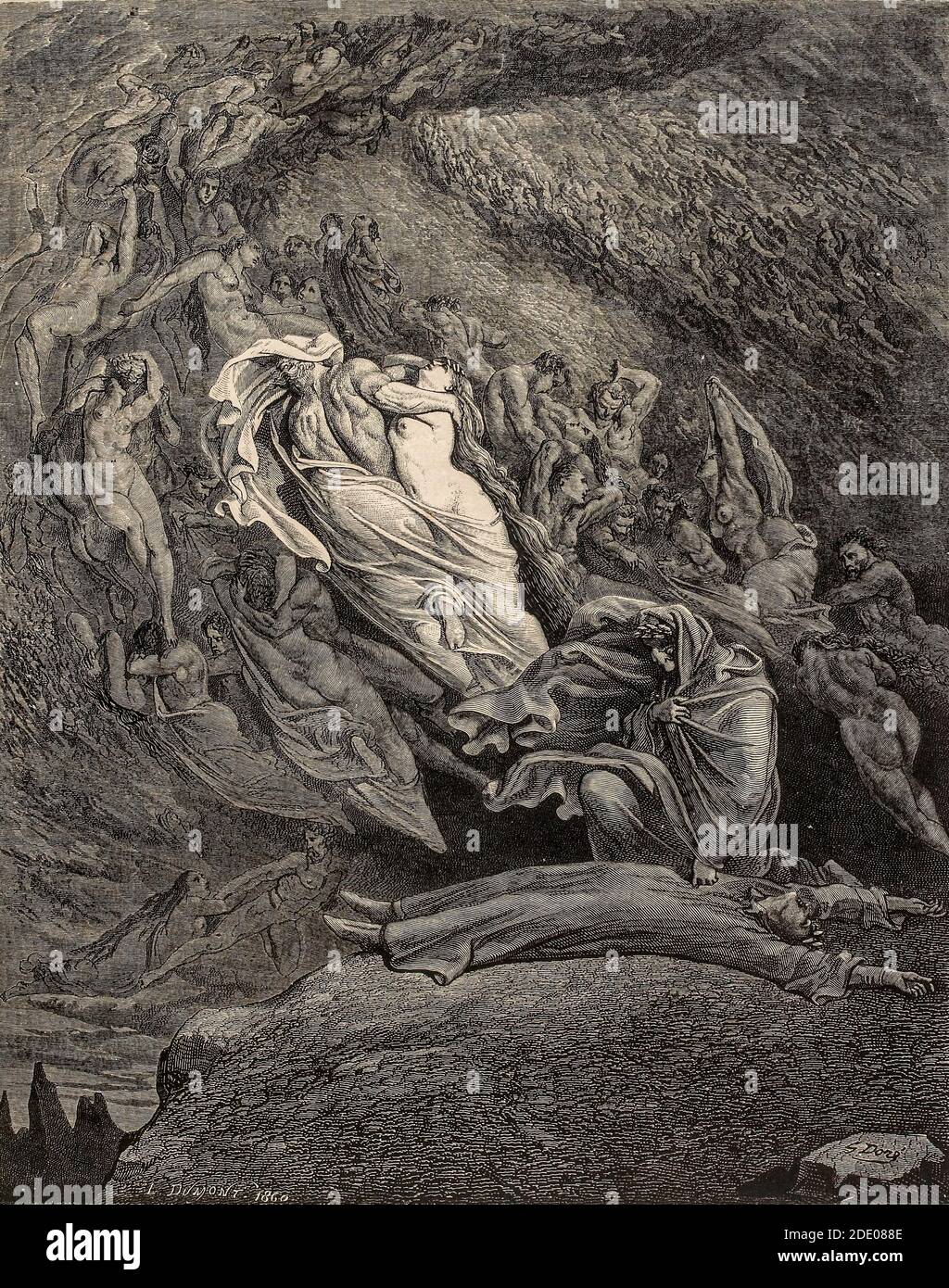 Dante Divina Commedia - Hell - Paolo Malatesta und Francesca Da Rimini - Liebe jenseits des Todes - Canto V - Kreis des Lüstigen - Illustration von Gustave Dorè Stockfoto